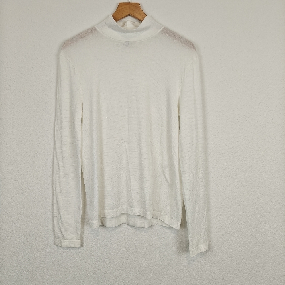 Wolford Off White Textured Long Sleeve Mock neck T-shirt Lightweight Sheer SZ L